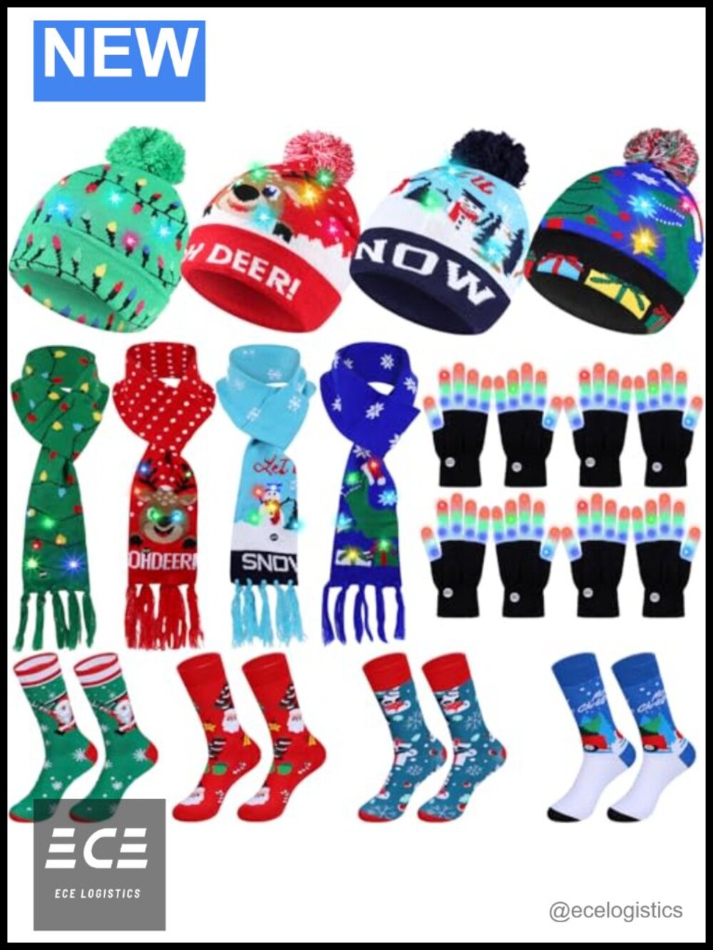 Kids LED Light Up Knit Hat Scarf Gloves Socks Set Acrylic Cotton Winter